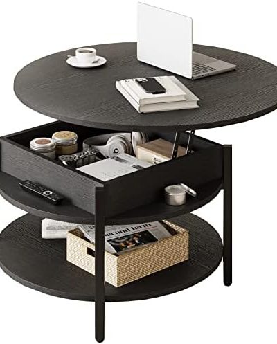 FABATO Round Lift Top Coffee Table with Storage and Hidden Compartment, 35.43'' Farmhouse Coffee Table for Living Room Reception Room, 2 Tier Large Round Coffee Table Round Dining Table, Black