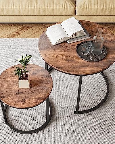 HOJINLINERO Round Coffee Table Set of 2 for Living Room,Black Small Coffee Table Living Room Table,Nesting Tables Metal Frame/Wood Look,Sturdy/Easy Assembly,Stacking Side Tables Bedroom,Rustic Brown