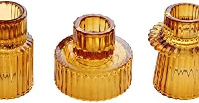 Vixdonos Taper Glass Candlestick Holders Tealight Candle Holders for Table Centerpieces, Wedding Decor and Dinner Party (3 Pcs, Amber)